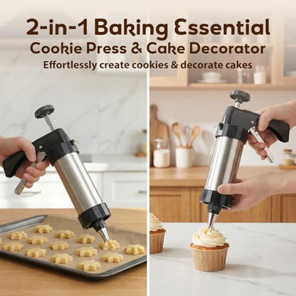 Stainless Steel Cookies Press, Cookie Press Gun Kit with 13 Cookie Discs and 8 Piping Tips, Durable Butter Cookie Shooter for DIY Various Cookies and Cake Maker