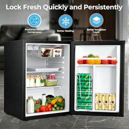 COWSAR 2.6 Cu.Ft Mini Fridge with Freezer, Freestanding Compact Refrigerator with Reversible Door & 7-Speed Thermostat, Small Fridge for Office, Apartment, Gameroom (BLACK)