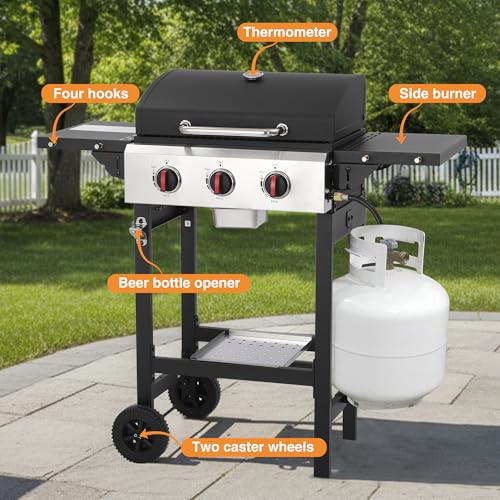 GRILL DEPOTS Propane Gas Grill with Folding Side Tables, 3-Burner Gas Grill with Cast Iron Grates and Stainless Steel Griddle Pan, Outdoor BBQ Grill Portable with Wheels 30000 BTU Output