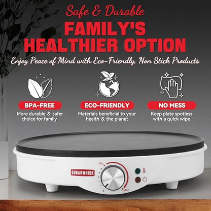 SugarWhisk Crepe Maker Electric, Crepe Pan 12 Inch with 5 X 4” Silicone Molds, Pancake Maker Machine for Pancakes & Tortilla & Fried Eggs, Batter Spreader & Spatula Included, White