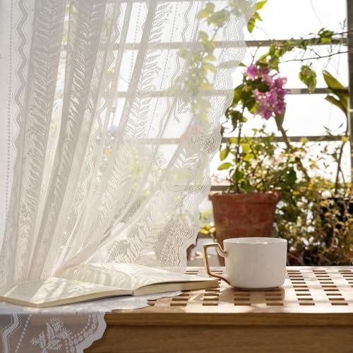 NICETOWN Outdoor Sheer Curtains for Patio Waterproof, White Lace Drapes for Porch Pergola, Gazebo Chic Decor with Lily of the Valley Striped Wave Edge, Rod Pocket Top, 2 Panels, W54 x L84 in
