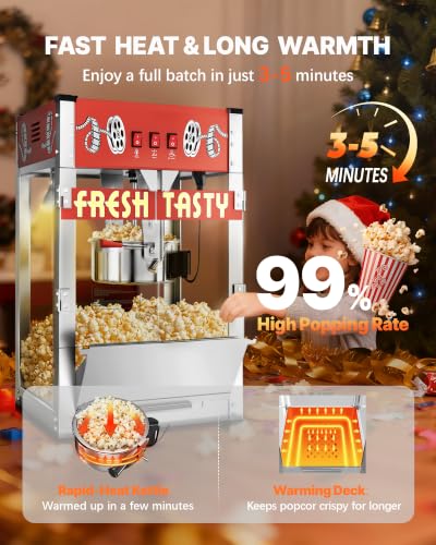 32 Oz Commercial Popcorn Machine, Large Popcorn Maker Machine, Movie Theater Countertop Pop Corn Machine with 3-Switch Control & Tempered Glass Doors, Red