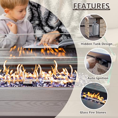 PIZZELLO 7 Pieces Patio Furniture Set w/ 43" Gas Fire Pit Table and 6 Patio Swivel Dining Chairs, Outdoor Conversation Set 50,000 BTU Propane Fire Pit Patio Chairs Set of 6 for Backyard