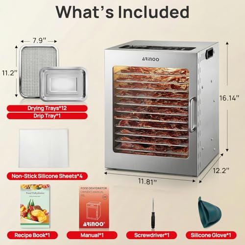 ARINOO Food Dehydrator Machine with 12 Stainless Steel Trays, 48H Timer