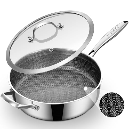 Inqibee 5 QT Hybrid Nonstick Saute Pan with Lid, Long Handle Tri-Ply Stainless Steel Skillet, 12 Inch Deep Frying Pan, PFOA & PFOS Free, Induction Compatible, All Cooktops, Oven & Dishwasher Safe