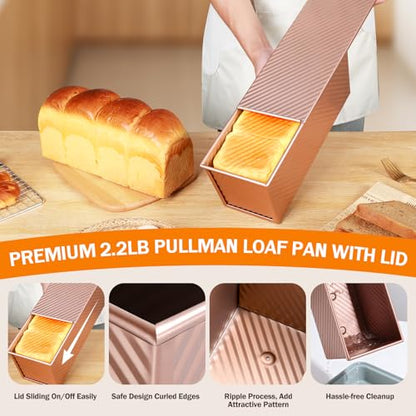 Gicyiit Pullman Loaf Pan with Lid, 13x4 inch, Premium 2.2LB Nonstick Sandwich Bread Loaf Pan for Homemade Sourdough Bread, Heavy Duty Carbon Steel Corrugated Toast Box with Cover for Baking, Bakeware