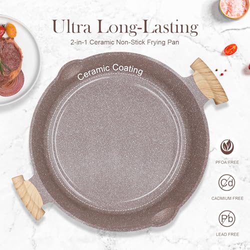 AIKENBBKK Ceramic Frying Pan with Lid, 14 Inch Saute Pan, Non Stick Frying Pans, 2-In-1 Large Cooking Pan, Nonstick Skillet, Compatible with All Stoves, PTFE & PFOA Free, Brown