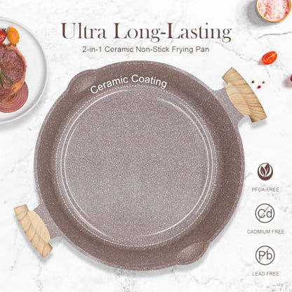AIKENBBKK Ceramic Frying Pan with Lid, 14 Inch Saute Pan, Non Stick Frying Pans, 2-In-1 Large Cooking Pan, Nonstick Skillet, Compatible with All Stoves, PTFE & PFOA Free, Brown