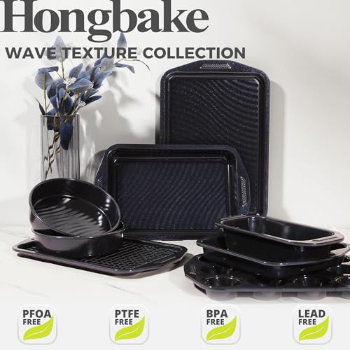 HONGBAKE 9-Piece Non Stick Baking Pans Set with Wave Texture for Reduced Oil, 0.8mm Thick Non Toxic Bakeware Sets, Includes Stackable Cookie Sheets for Oven Cooking, Cake Pan, Muffin Pan, Blue
