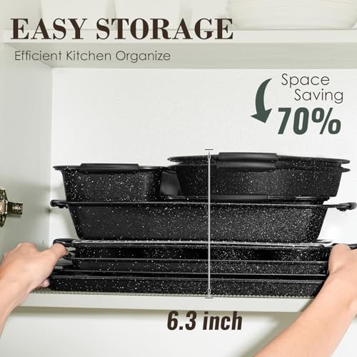Baking Pans Set Nonstick, Bakeware Sets Stackable with Silicone Handles, AIVIKI 22 Pieces Oven Pan for Cooking Including Baking Cookie Sheet with Rack, Roast Pan, Cake Pan, Loaf Pan, Muffin Pan, Black