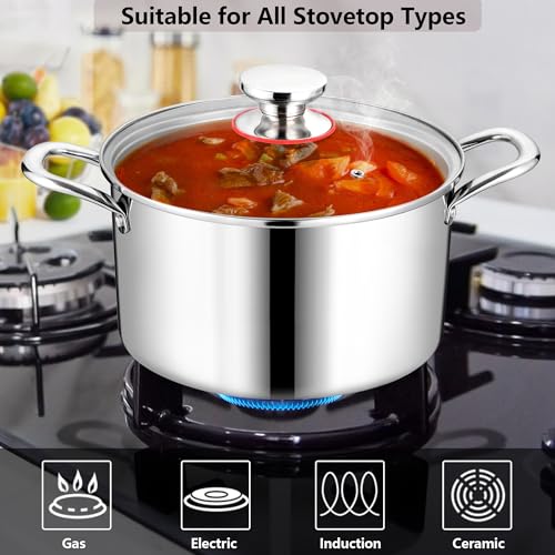 Homikit Cooking Stock Pot with Lid, 5 Quart Heavy Duty Tri-ply 18/10 Stainless Steel Soup Pot for Pasta Vegetable Steaming and Stewing, Induction Compatible & Dishwasher Safe