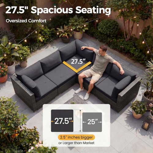 NICESOUL 20 Piece Extra Large Patio Furniture Set w/Fire Pit Table & Chaise Lounge, Modern Luxury Outdoor Group Seating w/Firepit, Comfortable 29.3" High-Back Sectional Couch Deep Seat, Dark Gray