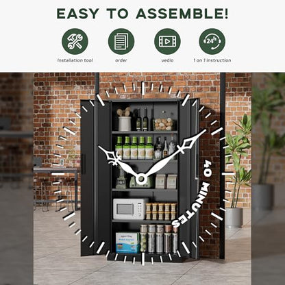 Greenvelly Metal Garage Storage Cabinet, 72” Locking Black Tool Steel Cabinet with Doors and 4 Shelves, Tall Metal Cabinets with Garage Storage Systems for Home Office, Kitchen/Pantry