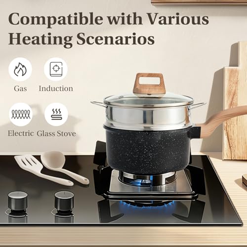 NEWBULIG 25-Piece Nonstick Cookware Set, Granite Pots and Pans with Lids, Induction Compatible Nonstick Cooking Set with Frying Pans & Saucepans, Black