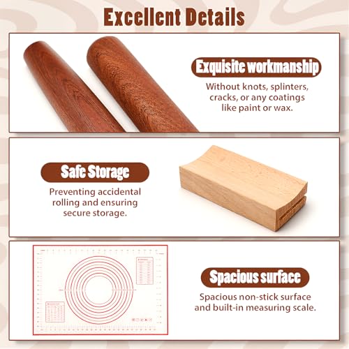 Yiyiring 4 Pcs Sapele Wood French Rolling Pin Set Tapered and Mini Wooden Rolling Pins(15.7inch, 7.8inch)with Silicone Baking Mat and Beech Wood Base for Baking Fondant Pizza Pasta Pie Crust Pastries