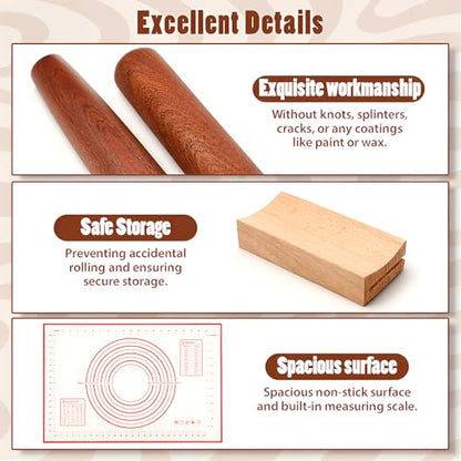 Yiyiring 4 Pcs Sapele Wood French Rolling Pin Set Tapered and Mini Wooden Rolling Pins(15.7inch, 7.8inch)with Silicone Baking Mat and Beech Wood Base for Baking Fondant Pizza Pasta Pie Crust Pastries