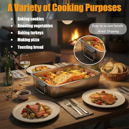Stainless Steel Roasting Pan with Rack & Handles, 15.6"x11.6"x2.8" Deep - Food Grade No Coating, Dishwasher Safe - Large Roaster for Turkey Chicken Beef Vegetables for Homeowner Kitchen