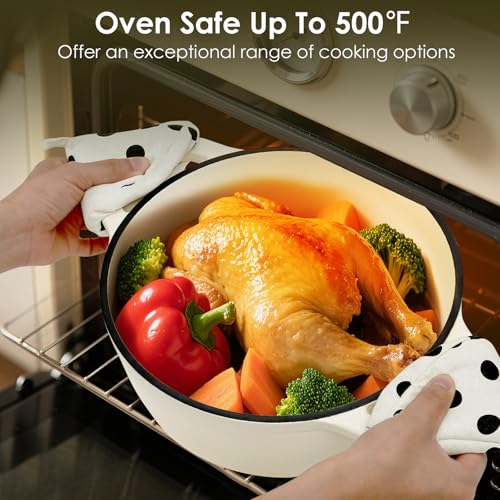 Enameled Cast Iron Dutch Oven Pot With Lid - AIVIKI 5QT Dutch Oven for Bread Baking With Cotton Potholders - Heavy-Duty Cookware for Braising, Stew, Roasting, Oven Safe up to 500°F, Cream White