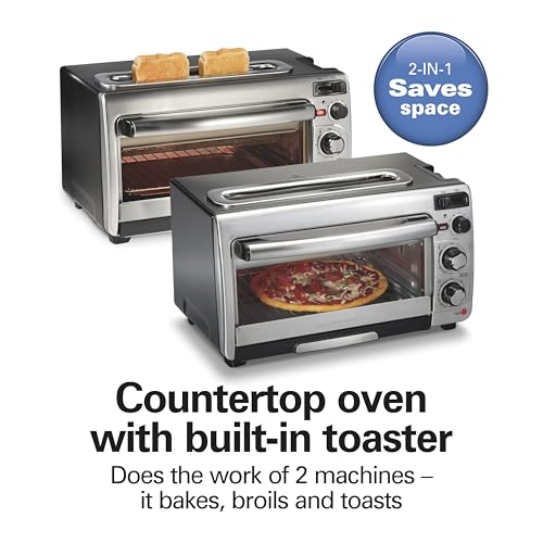 Hamilton Beach 2-in-1 Countertop Toaster Oven and Long Slot 2 Slice Toaster, 60 Minute Timer and Automatic Shut Off, Shade Selector, Stainless Steel (31156)
