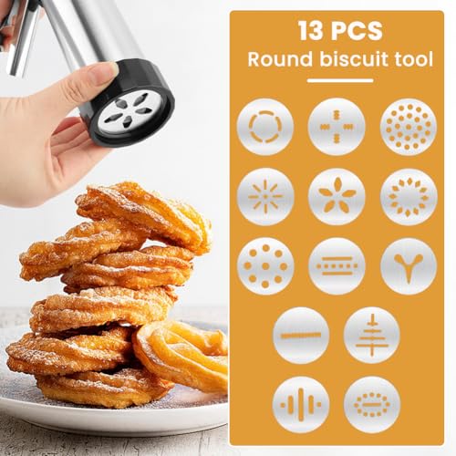 Stainless Steel Cookies Press, Cookie Press Gun Kit, Spritz Maker With 8 Piping Tips and 13 Discs for DIY Biscuit for DIY Biscuit Cake Dessert Making(Sliver,Size:8.66inch)