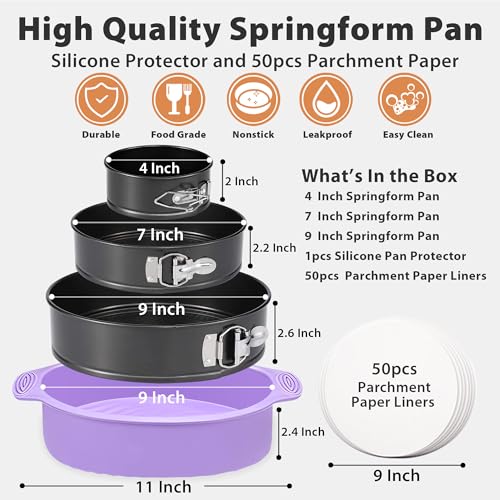 Springform Pan Set of 3 Leakproof Spring Form Pan for Cheesecake, Nonstick 4 7 9 Inch Cheesecake Pan with Silicone Protector, Springform Cheese Cake Pans Sets for Baking with 50Pcs Parchment Paper