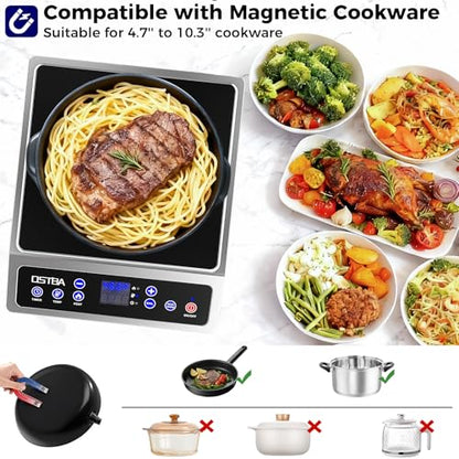 OSTBA 1800W Commercial Induction Cooktop, 7" Heating Coil Countertop Induction Burner, 10 Power Levels & 120–460°F Temperature Control, 3H Timer, Keep Warm, ETL Certified