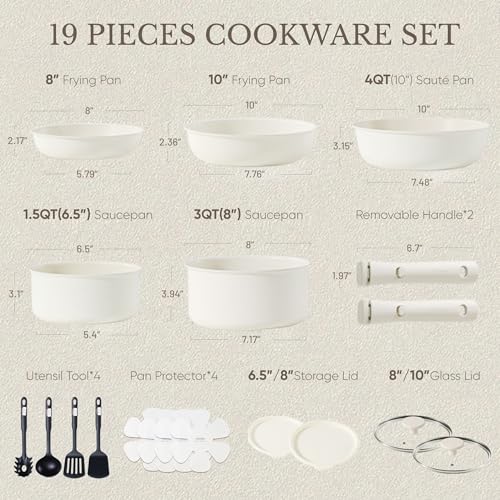 CAROTE 19pcs Pots and Pans Set, Nonstick Cookware Set Detachable Handle, Induction Kitchen Cookware Sets Non Stick with Removable Handle, RV Cookware Set, Oven Safe
