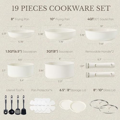 CAROTE 19pcs Pots and Pans Set, Nonstick Cookware Set Detachable Handle, Induction Kitchen Cookware Sets Non Stick with Removable Handle, RV Cookware Set, Oven Safe