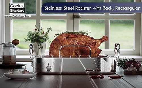 Cooks Standard Stainless Steel Roasting Pan with Rack, Edge 17-Inch x 14-Inch, Large Oven Roaster Pan for Baking Turkey, Chicken, and Veggies，Dishwasher safe