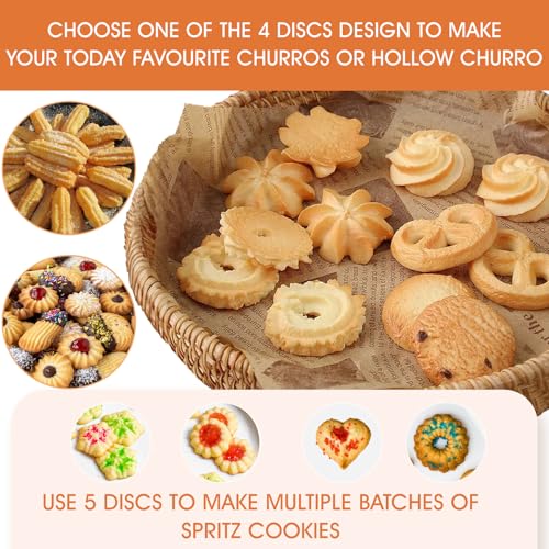 MTOGALT 21-Piece Cookie Press Set & Churro Maker Machine – Stainless Steel Baking Gun for Spritz Cookies, Hollow Churros, and Pastry – Includes 6 Nozzles, 9 Discs, Piping Bag, and 2 Brushes