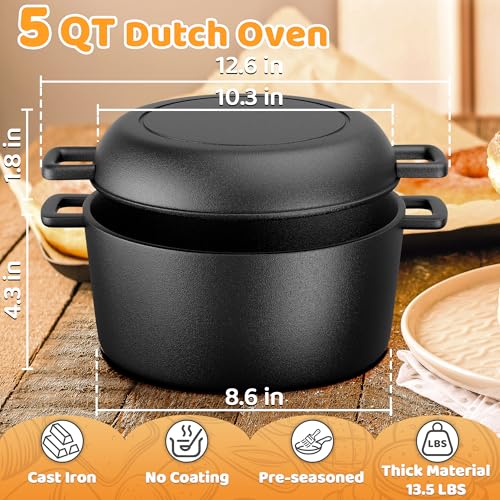 Cast Iron Dutch Oven for Bread Baking, 5 QT Pre-Seasoned Pot with Skillet Lid, Includes Sourdough Bread Baking Supplies, Cast Iron Pot for Frying, Braising, BBQ