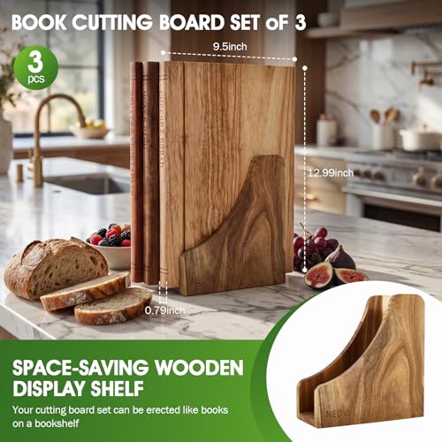 NEDVI Book Cutting Board Set with Wooden Stand-Wooden Kitchen Cutting Boards That Look Like Books for Cheese Meat Vegetables, Chopping Board Gift Set for Home Cooks & Kitchen Decor