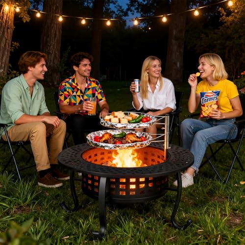FDW 36 Inch Fire Pit with 2 Adjustable Grills,Wood Burning Fire Pits for Outside with Lid & Fire Poker, BBQ& Outdoor Firepit & Round Metal Table 3 in 1 for Patio, Picnic, Party