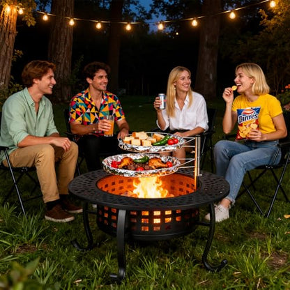 FDW 36 Inch Fire Pit with 2 Adjustable Grills,Wood Burning Fire Pits for Outside with Lid & Fire Poker, BBQ& Outdoor Firepit & Round Metal Table 3 in 1 for Patio, Picnic, Party