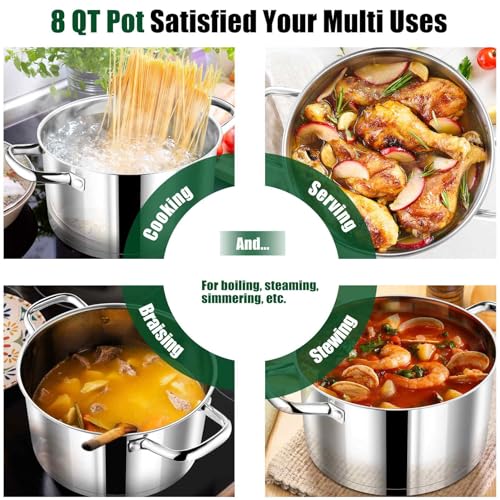 P&P CHEF 8 Quarts Cooking Stock Pot with Lid, Stainless Steel Stockpot Induction Pot for Soup, Tri-Ply Bottom & Clear Glass Lid & Double Handle, Dishwasher Safe