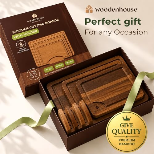 Acacia Wood Cutting Board Set of 3 with Holder, Juice Grooves & Built-in Handles - Durable, Wooden Cutting Boards for Kitchen, Perfect for Chopping, Food Prep and Serving as a Charcuterie