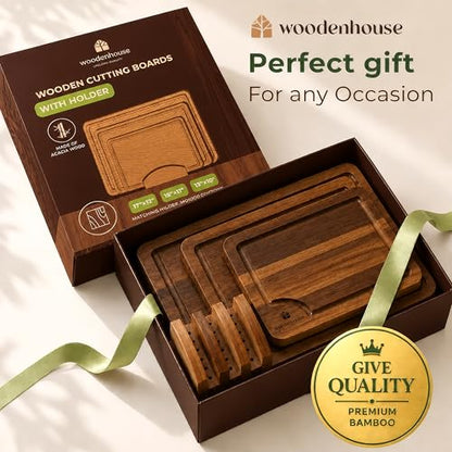 Acacia Wood Cutting Board Set of 3 with Holder, Juice Grooves & Built-in Handles - Durable, Wooden Cutting Boards for Kitchen, Perfect for Chopping, Food Prep and Serving as a Charcuterie
