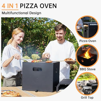 PIZZELLO 4-in-1 Outdoor Pizza Oven 16" Wood Fired Outside Oven 2-Layer Detachable Pizza Maker with Pizza Stone, Pizza Peel, Cover, Cooking Grill Grate, Pizzello Gusto