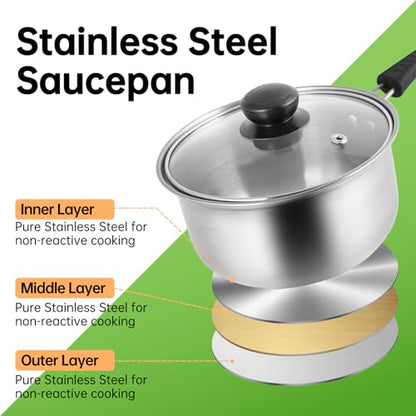 Tadka Pan with Lid, 1.5 Quart Small Sauce Pan with Lid, Stainless Steel Saucepan with Heat-Resistant Handle, Small Pot for Indian Tadka, Tempering and Dal, Perfect for Cooking and Flavoring Spices