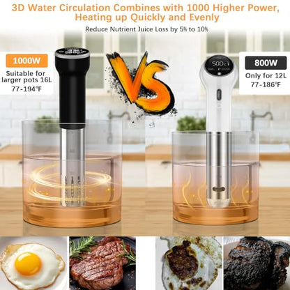 CATTLEMAN Sous Vide Machine Wi-Fi, 1000W, IPX7 Waterproof, Sous Vide Cooker, Immersion Circulator, Suvee Cooker Kit with 30 Vacuum Bags, Vacuum Pump, Cookbook, Accurate Temperature&Timer