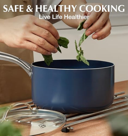 KOCH SYSTEME CS Nonstick Sauce Pan with Lid, 1 Quart Saucepan with Lid, 1 QT Nonstick Ceramic Small Sauce Pan with Stainless Steel Handle, Non-Toxic Ceramic Saucepan, Oven Safe, Gradient Blue