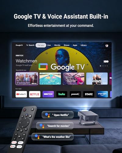4K Projector Built-in Google TV, 2500ANSI/Auto Lens Cap/AI Voice Control Projector with WiFi and Bluetooth, Smart Movie Projector with Auto Focus & Keystone, Mini Proyector for Apps/Celling/Outdoors