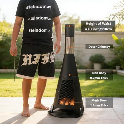 Steladomus Chiminea Outdoor Fireplace for Patio with Fire Mat and Poker, 3.6ft Small Chimneas Portable for Backyard, Deck, Camping and Beach chiminea fire Pit