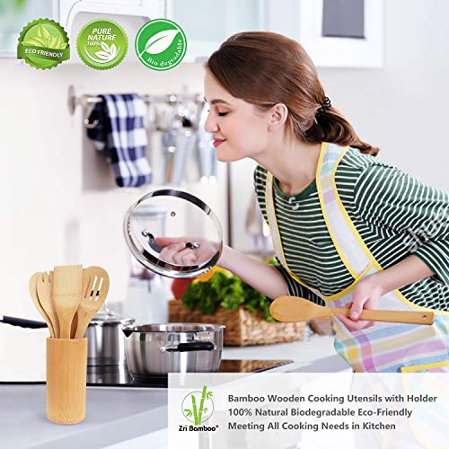 Bamboo Wooden Spoons & Spatulas Set - 6 Pieces Kitchen Cooking Utensils and 1 Holder, Heat Resistant for Non Stick Cookware