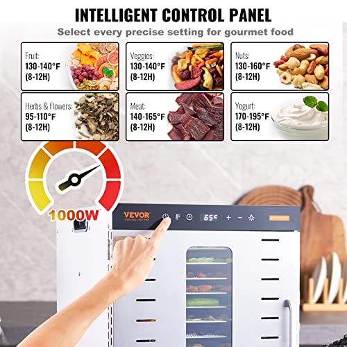VEVOR Food Dehydrator, 10 Trays Stainless Steel Food Dehydrator Machine, 1000W Dehydrators with Digital Adjustable Timer & Temp, Dehydrator for Jerky Herb Meat Beef Fruit Dog Treats and Vegetables