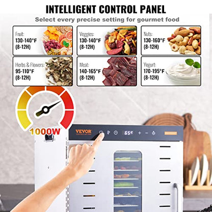 VEVOR Food Dehydrator, 10 Trays Stainless Steel Food Dehydrator Machine, 1000W Dehydrators with Digital Adjustable Timer & Temp, Dehydrator for Jerky Herb Meat Beef Fruit Dog Treats and Vegetables
