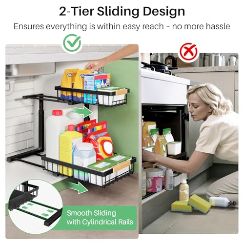 Kitstorack Under Sink Organizer, 2 Tier Under the Sink Storage, Slide out Pull out Cabinet Organizer Shelf, Metal Sliding Drawer for Kitchen Bathroom Pantry Closet Organization Rack, Black, 2 Pack