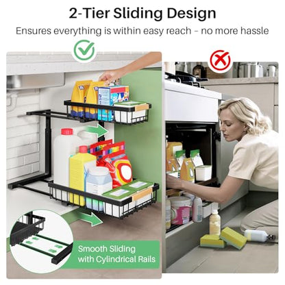 Kitstorack Under Sink Organizer, 2 Tier Under the Sink Storage, Slide out Pull out Cabinet Organizer Shelf, Metal Sliding Drawer for Kitchen Bathroom Pantry Closet Organization Rack, Black, 2 Pack