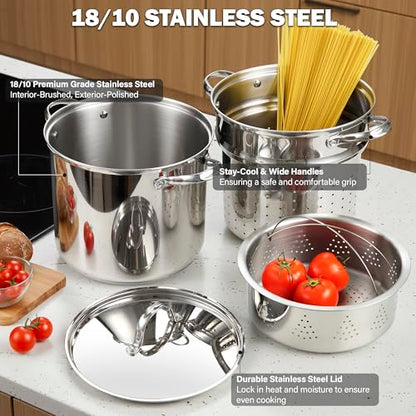 Cooks Standard Pasta Pot 18/10 Stainless Steel 12 Quart, Spaghetti Cooker Steamer Stock Pot Multipots with Strainer Insert, Stainless Steel Lid, 4-Piece Set