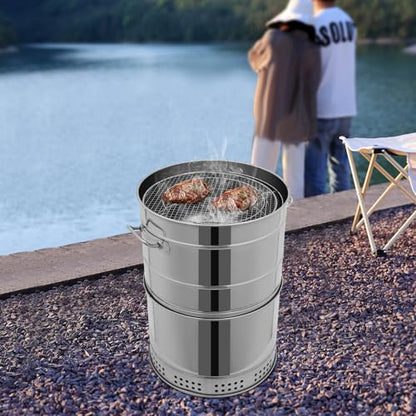 Pyroarle Large Portable Charcoal Grills, Stainless Charcoal BBQ Grill Barrel 360° Smokeless Outdoor with 50 Skewers, Boiling Pot Barbecue Smoker Grill for Travel, Outdoor Cooking and BBQ